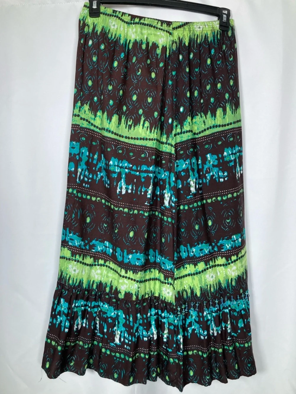 Kim Rogers Boho Paisley Rayon Maxi Skirt Green Brown Blue Size M Beaded Fringe